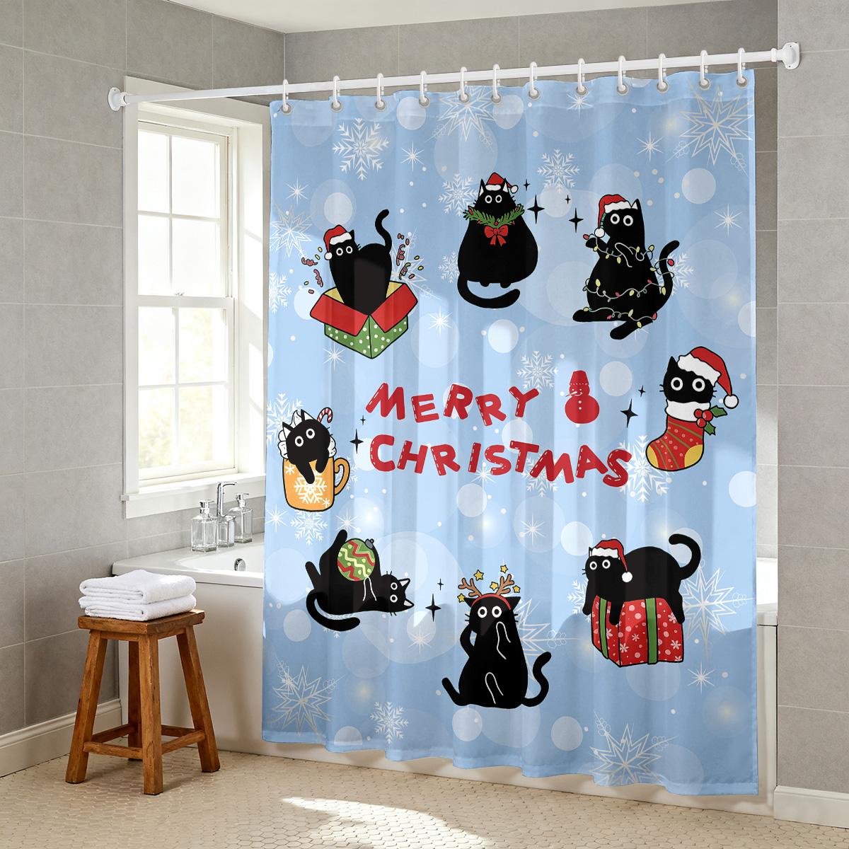 

1 Christmas Black Cat Print Waterproof Shower Partition Privacy Hanging Curtain 12 Hooks Multi Size Decoration Machine Washable W60H190(CM)-1 Pcs
