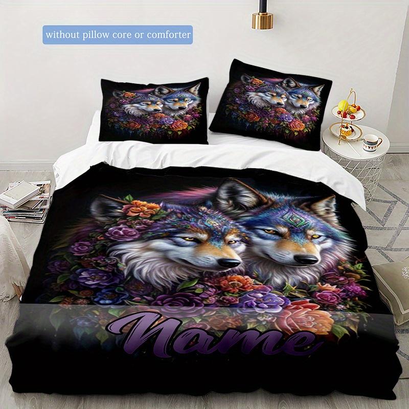 Two Wolf Flowers Duvet Cover Soft Bedding Set For Bedroomdorm Personalized Name Threepiece Set 1 Duvet Cover And 2 Pillowcases Perfect Gift For All