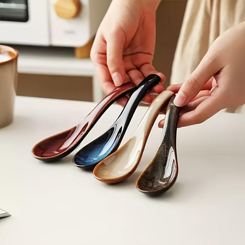 Japanese-Style Kiln-Changed Spoons, Rice/Soup/Porridge/Dessert Spoons, Household & Restaurant Use Curved Soup Spoons