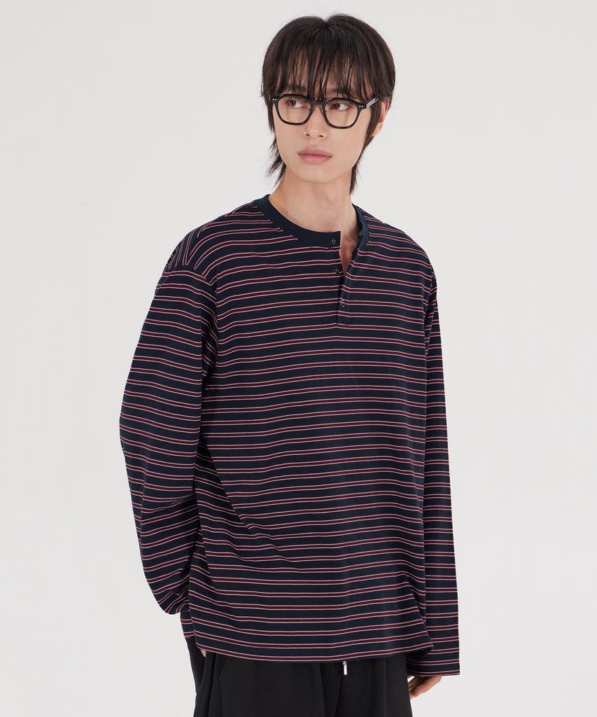GLW [Unisex] Striped Henley Neck Long Sleeve Tee Wine