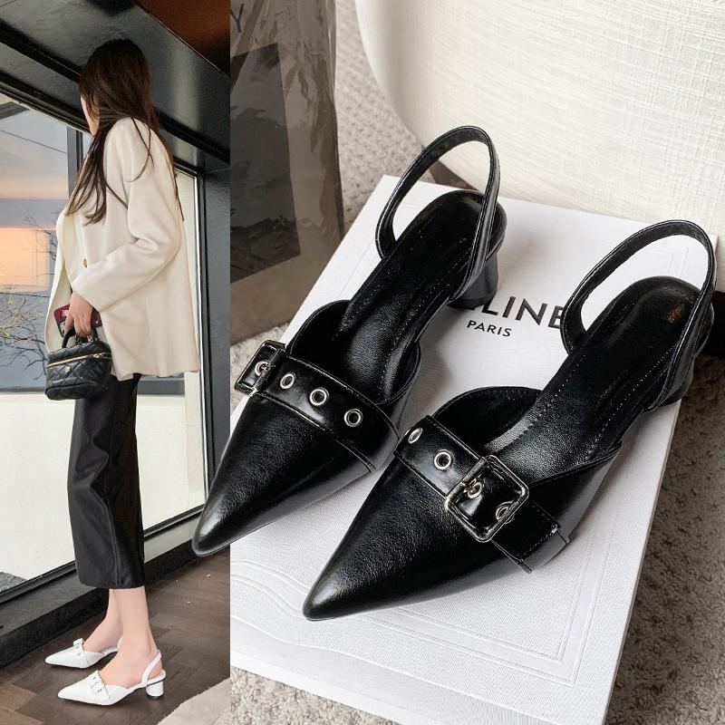 Circle Low Heel Sandals Women Shoes Solid Color Pointed Toe Small Fragrant Style Ladies Back Style Single Shoes Shoes for Women