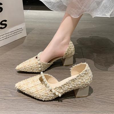 Pointed Single Shoes Women's Thick Heel Spring New Pearl Versatile Light Mouth Gentle Fairy Wind Side Empty High Heels
