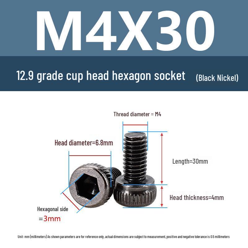 Yigu High-Strength Black Nickel Hex Socket Screw, M1.6-M4, Knurled Cup Head Bolt, 12.9 Grade.
