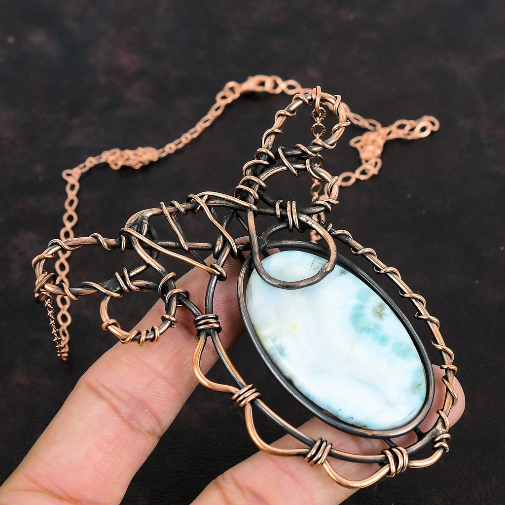 Larimar Gemstone Necklace Copper Wire Wrapped Jewelry Copper Necklace Handmade Jewelry Adjustable Necklace Wire Wrap Necklace Gifts For Wife
