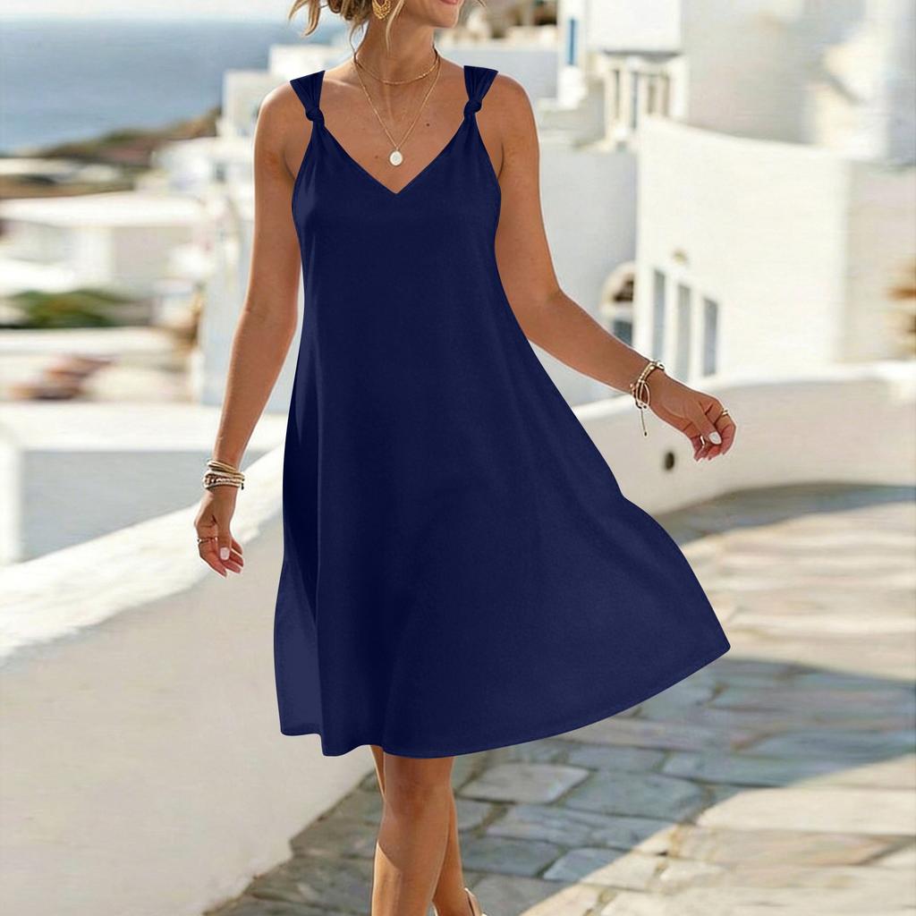 Women Sleeveless V Neck Strap Dress Casual Loose Fit Tie Shoulder Summer A Line Dress Lightweight Solid Design
