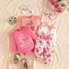 Baby Langarm-Body mit Buchstabenaufdruck, Babyhose und Stirnband Set, Kleinkind Dreiteiler Outfit, Weicher Bequemer Stoff