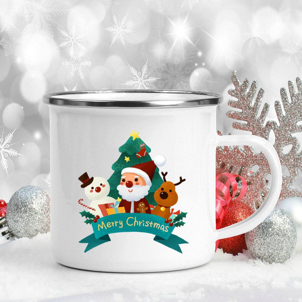 

С Рождеством эмалированная кофейная чашка с принтом, креативная кружка для напитков, десертные чашки для горячего какао, молока, кружки для торта с ручкой, посуда для напитков, рождественские подарки