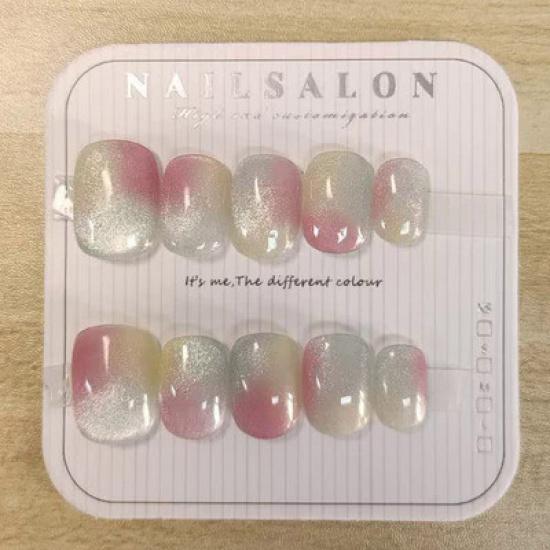 100% Handmade short round shape Candy Colored Full Cat Eye Fake Nail With Glue Art Simple Pearl smudged magic mirror powder Colorful Nails Fake Nails