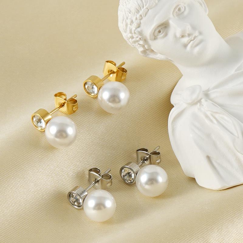 European & American Fashion Pearl Diamond Stud Earrings In Titanium Steel 18k - Versatile Stainless Steel Style for Women