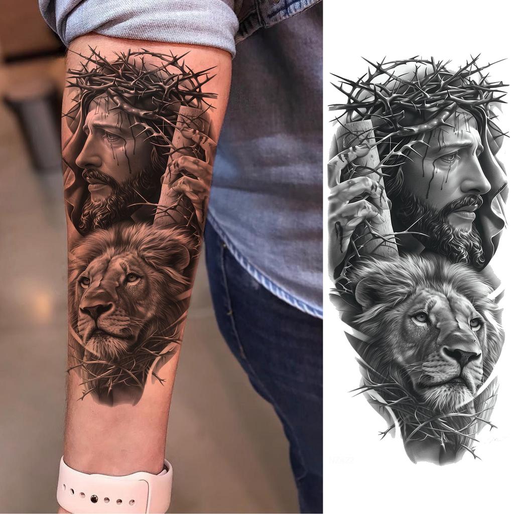 1 Sheet Waterproof Jesus With Cross Thorn Temporary Tattoos For Men Women Realistic Zeus Warrior Tatoos Temp Fake Tattoo Sticker