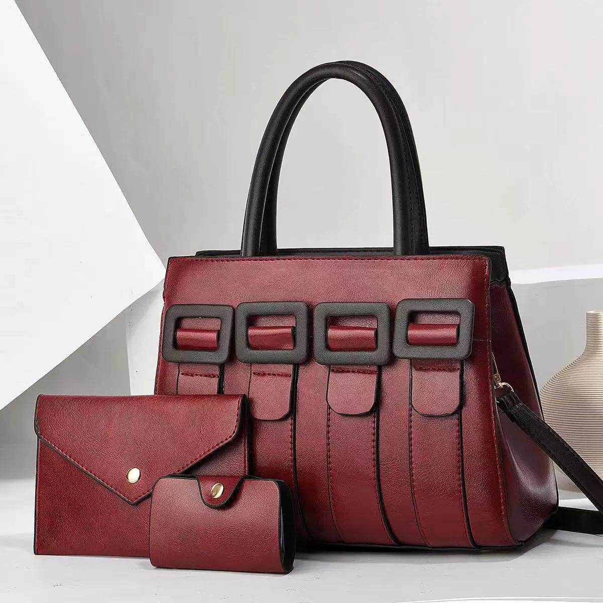 

3 Piece Set Women s Handbag Luxury Designer PU Leather Versatile Tote Bag Vintage Big Shoulder Bags вина червоного кольору