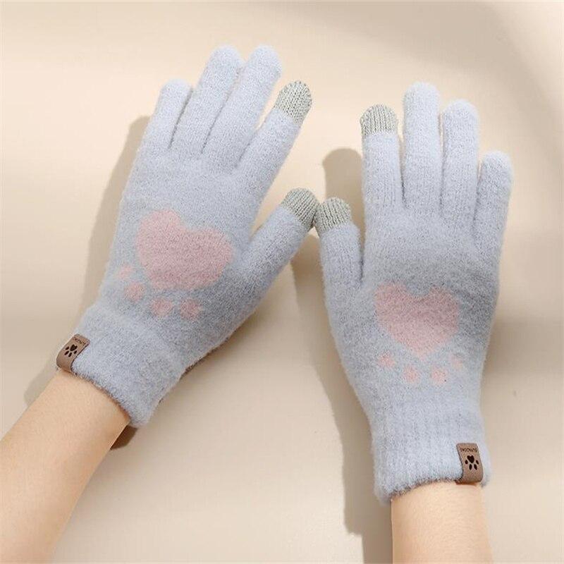 Guanti alla Moda con Stampa Zampa di Gatto Guanti Lavorati a Maglia Touchscreen per Cellulare Inverno Caldi Spessi Morbidi Soffici per Donna