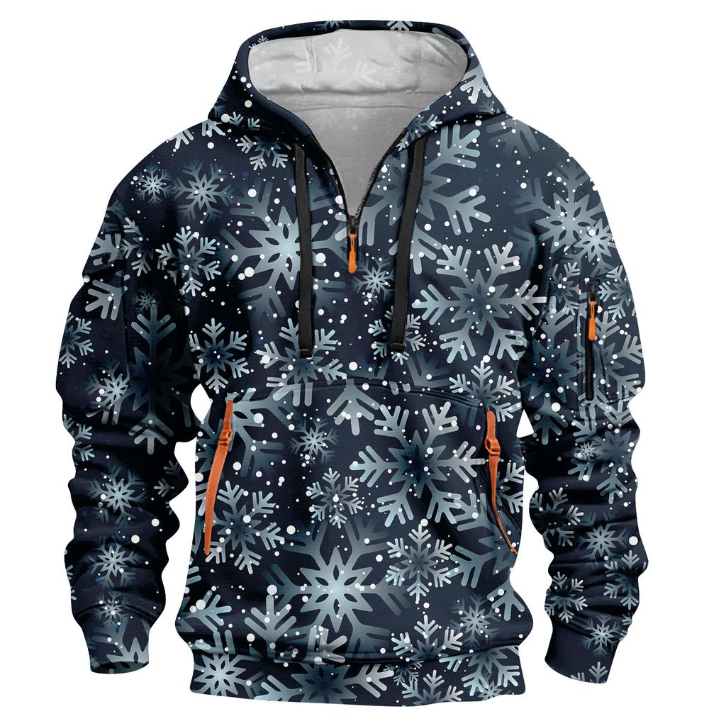 Sudadera deportiva casual de media cremallera con capucha y estampado navideño para hombre