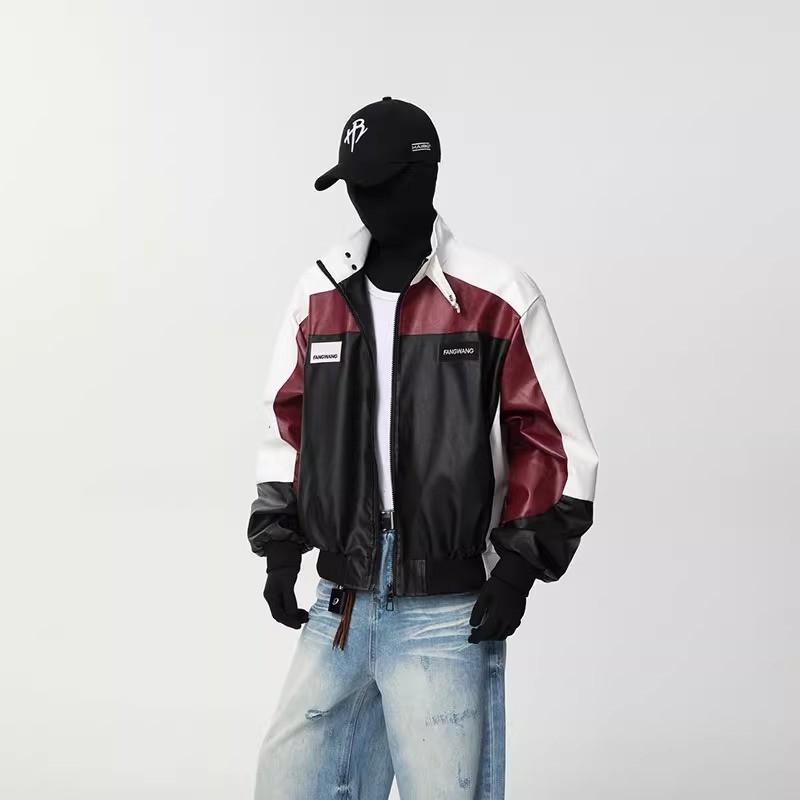 Mens Retro Color Block PU Leather Jacket Stand Collar Casual Fall Outerwear