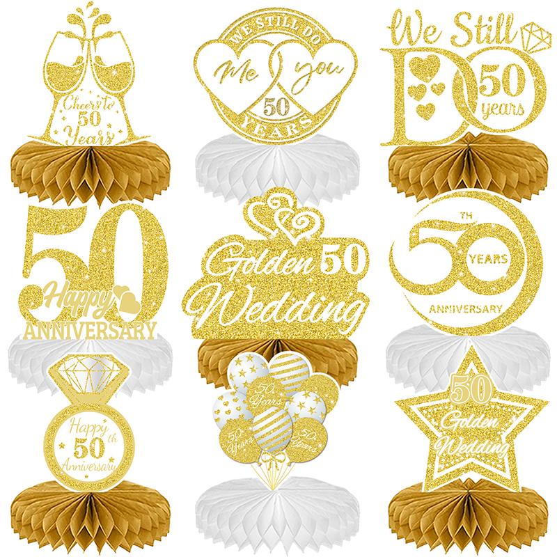 9 Pcs 50Th Anniversary Decorations, 50Th Wedding Anniversary Decorations 50Th Anniversary Honeycomb Centerpiece