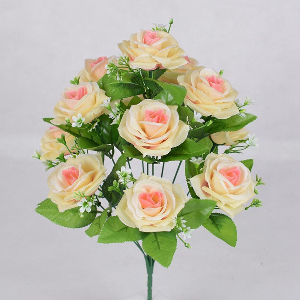 

12 Heads Real Happy Silk Flower Mini Plastic Fake Rose Flowers Bouquet Photography Photo Gift Rolled Edge Simulated Rose Flowers