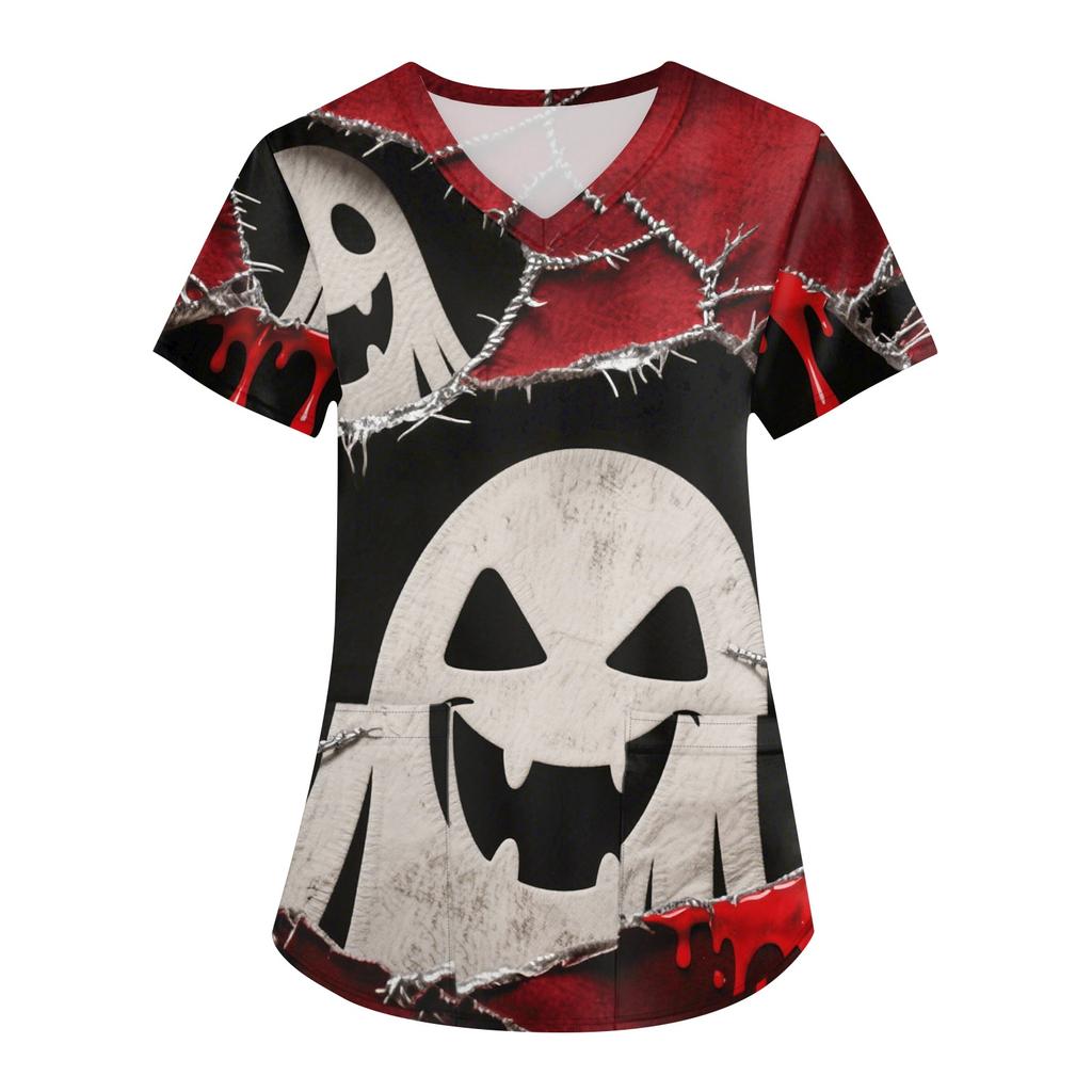 Women's Printing Uniform Work Uniform V-neck Pockets Basic Short Sleeve Pullover Top