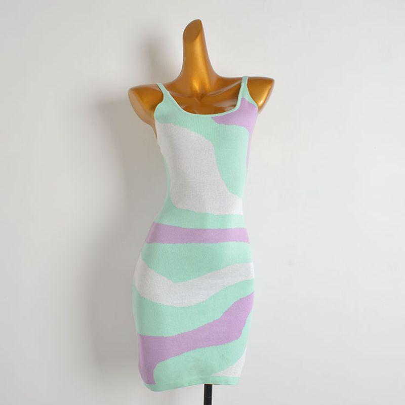 Fashion Style Contrast Color Sexy Low Collar Chest-Flattering Camisole Knitting Dress Women's Waist-Tight Slim Looking Bodycon Dress