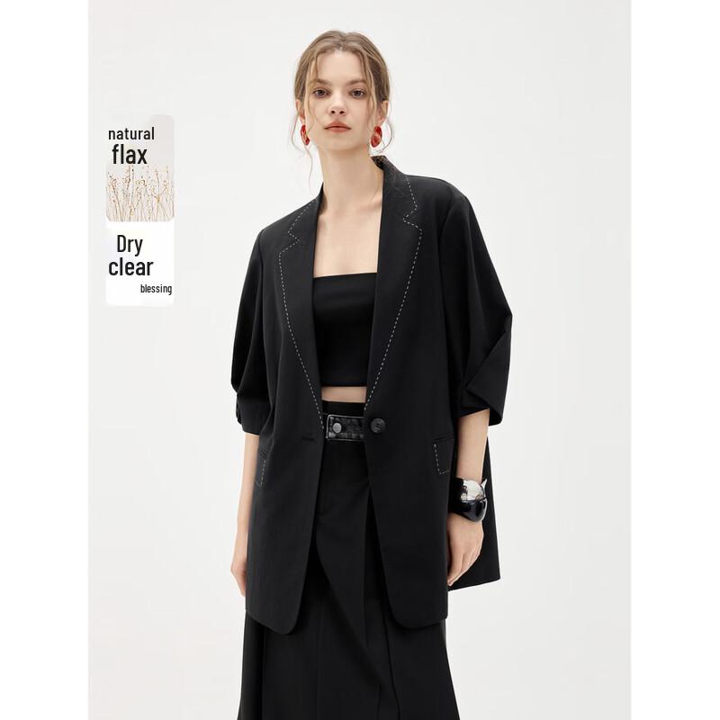 ELLE Color-Block Loose-Fit Linen Blend Blazer