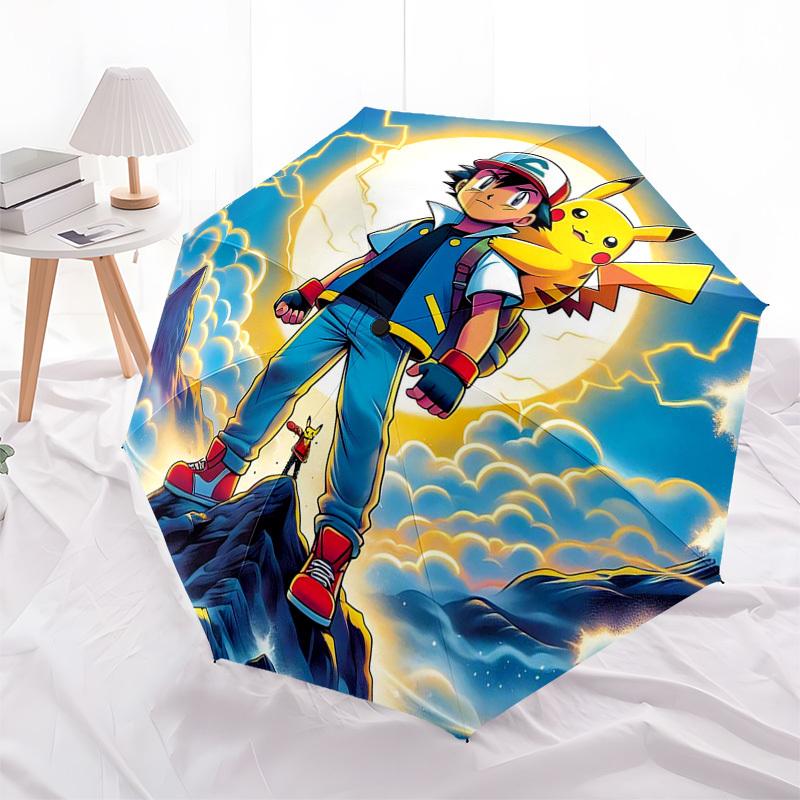 

1pc Pokémon Pikachu & Trainer Automatic Folding Umbrella - Portable 3-Fold Design with 8-Bone Iron Frame, Outdoor for Fans, Travelers, Daily Use, Gift