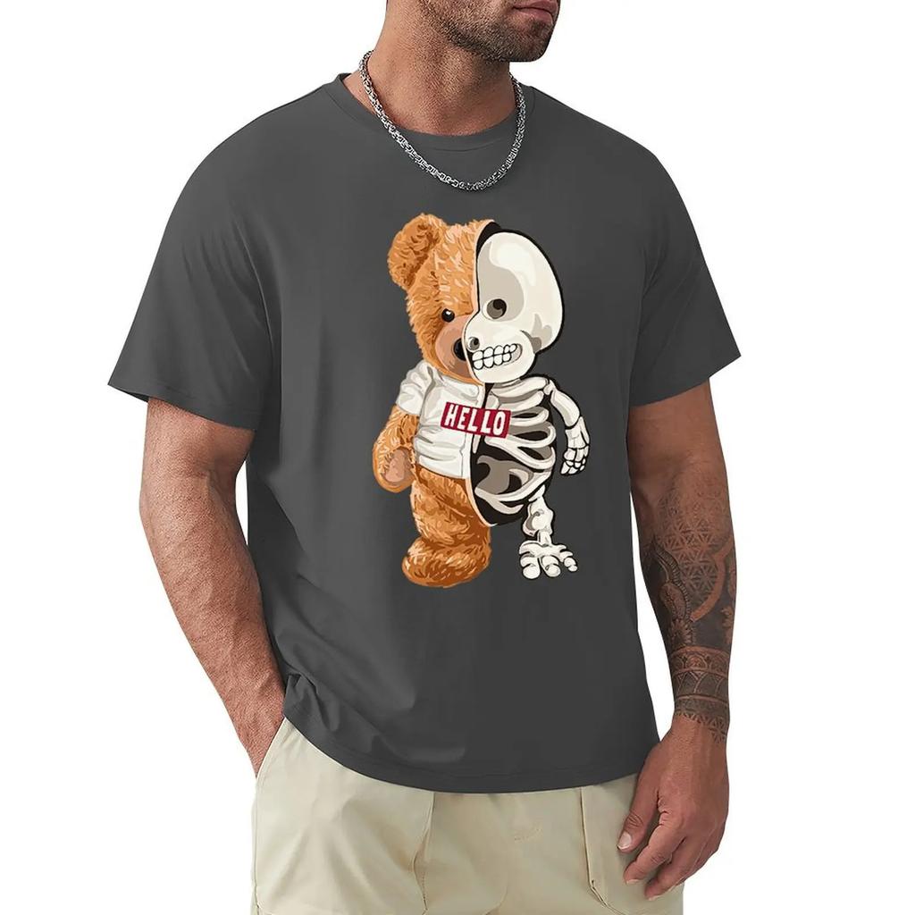 Hello Skeleton Teddy Bear T Shirt Harajuku Short Sleeve T-shirt 100% Cotton Graphics Tshirt Tops