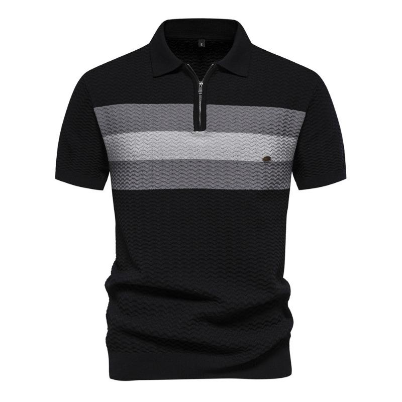 Men's Korean-Style Casual Striped Thin T-Shirt Versatile Lapel Half-Zip Short-Sleeve Polo Shirt