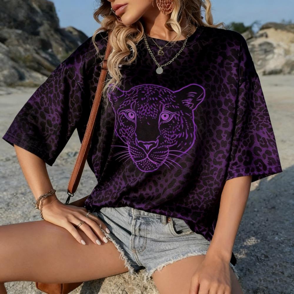 Summer Europe and America Leopard Print T Shirt Women's Short Sleeve Casual Tee Tops Women Retro Street Fashion Oversize T-shirt Clothing