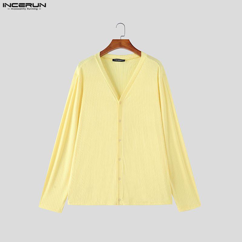 INCERUN Oversized Men Round Neck Long Sleeve Texture Plain Buttons Casual T-shirts Tops