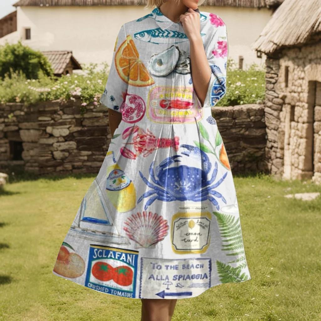 Dress For Women Elegant Casual Smocked Button Lapel Short Sleeve Knee Length Dress