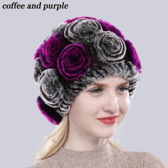 New Arrival Flowers Real Fur Hats Winter Russian Women Natural Rex Rabbit Fur Caps Lady Genuine Rex Rabbit Fur Beanies Cap