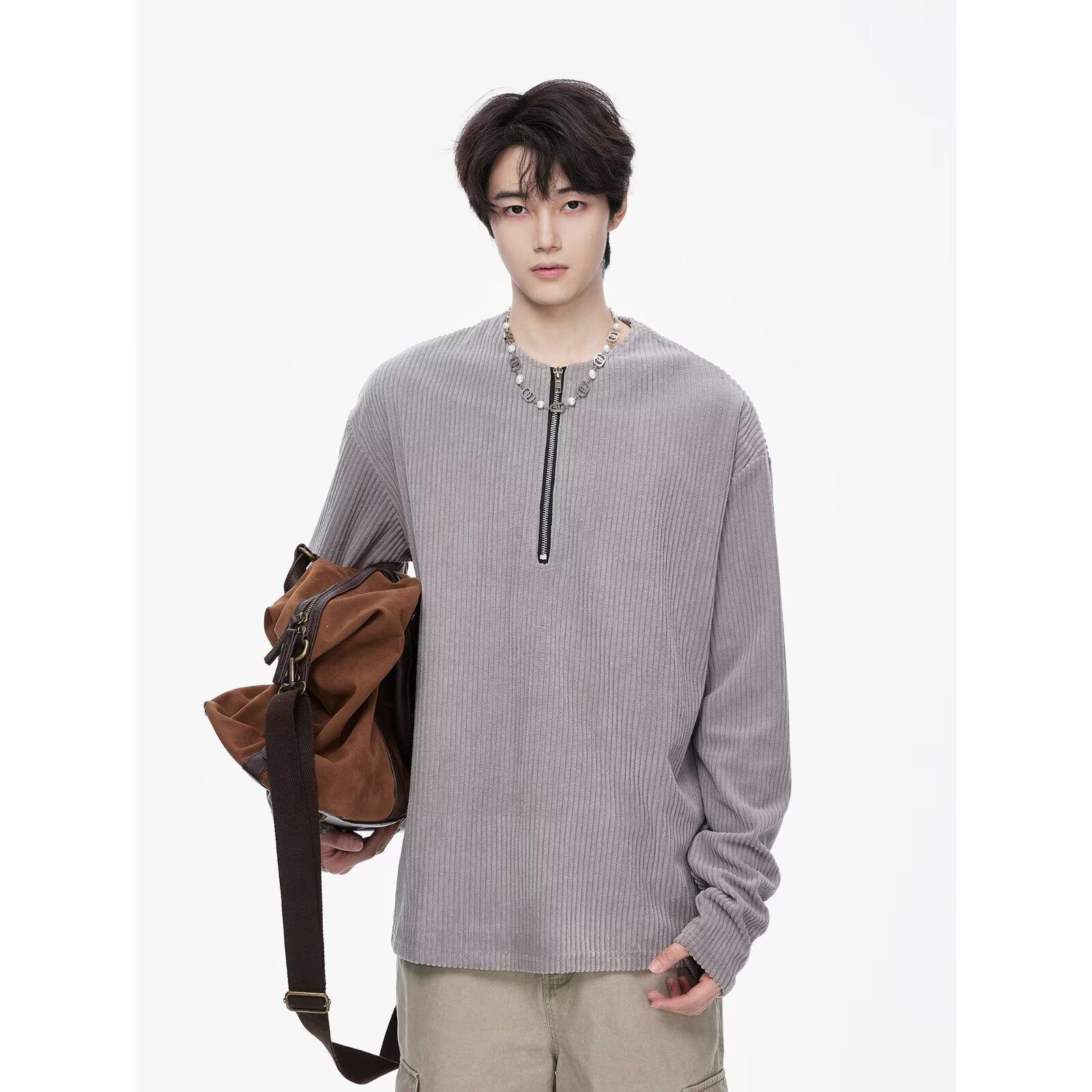 

Весенне-осенняя мужская спортивная футболка с длинным рукавом, американская повседневная, с круглым вырезом, свободная, модная, с полумолнией, вафельная, однотонная 3XL серый