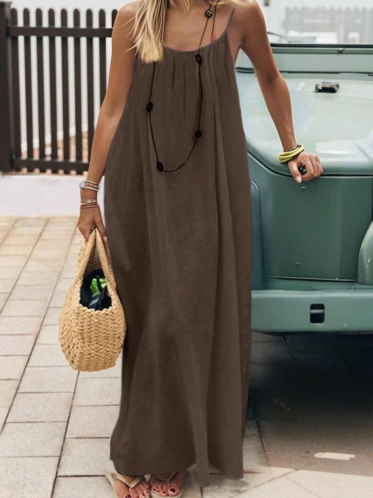 Backless Strappy Long Ice Silk Crinkle Dress - Summer 2026 Solid Color Shirring Beach Vacation Women's Clothing