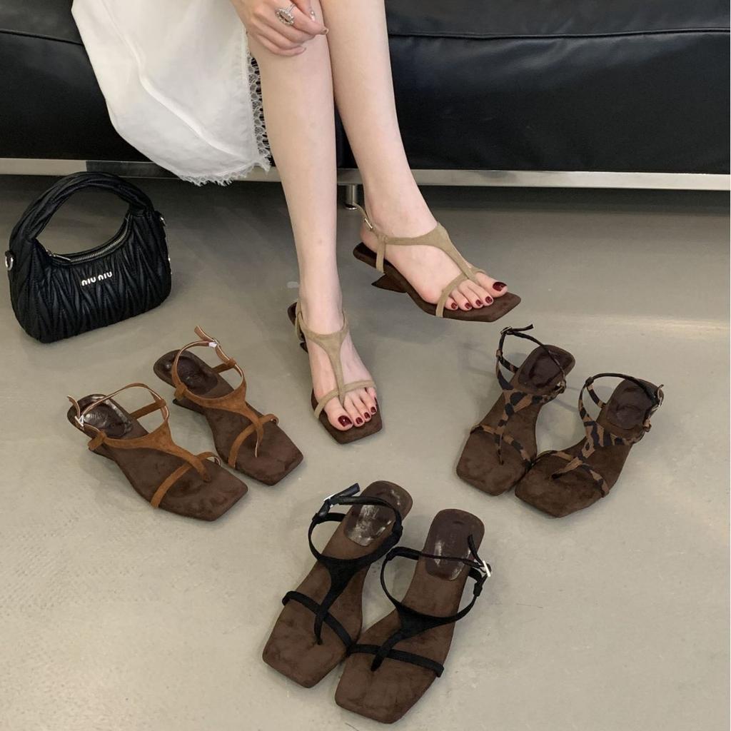 French Retro Suede Square Wedge Heel Toe Sandals Women's Summer New Versatile Open-toed Thick-heeled Sandals Roman Sandals