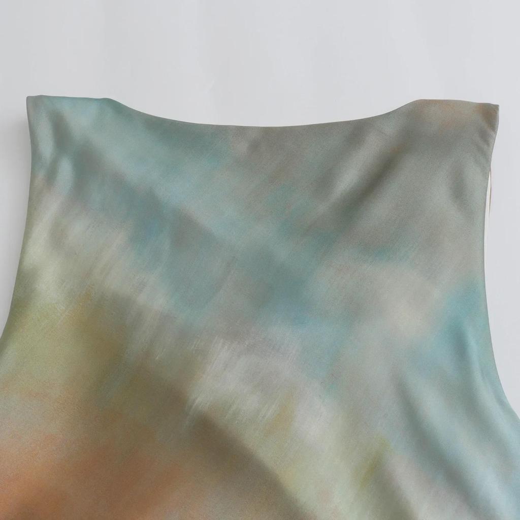 Sukienka midi z satyny tie-dye bez rękawów: 2024 Dopasowany krój w stylu europejskim i amerykańskim