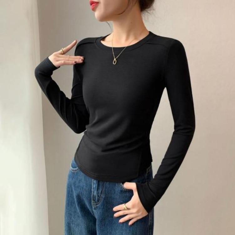 Soft Elastic Pullover Tops Women Long Sleeve Round Neck Slim Fit Base Shirt Solid Color Daily Wear Tops