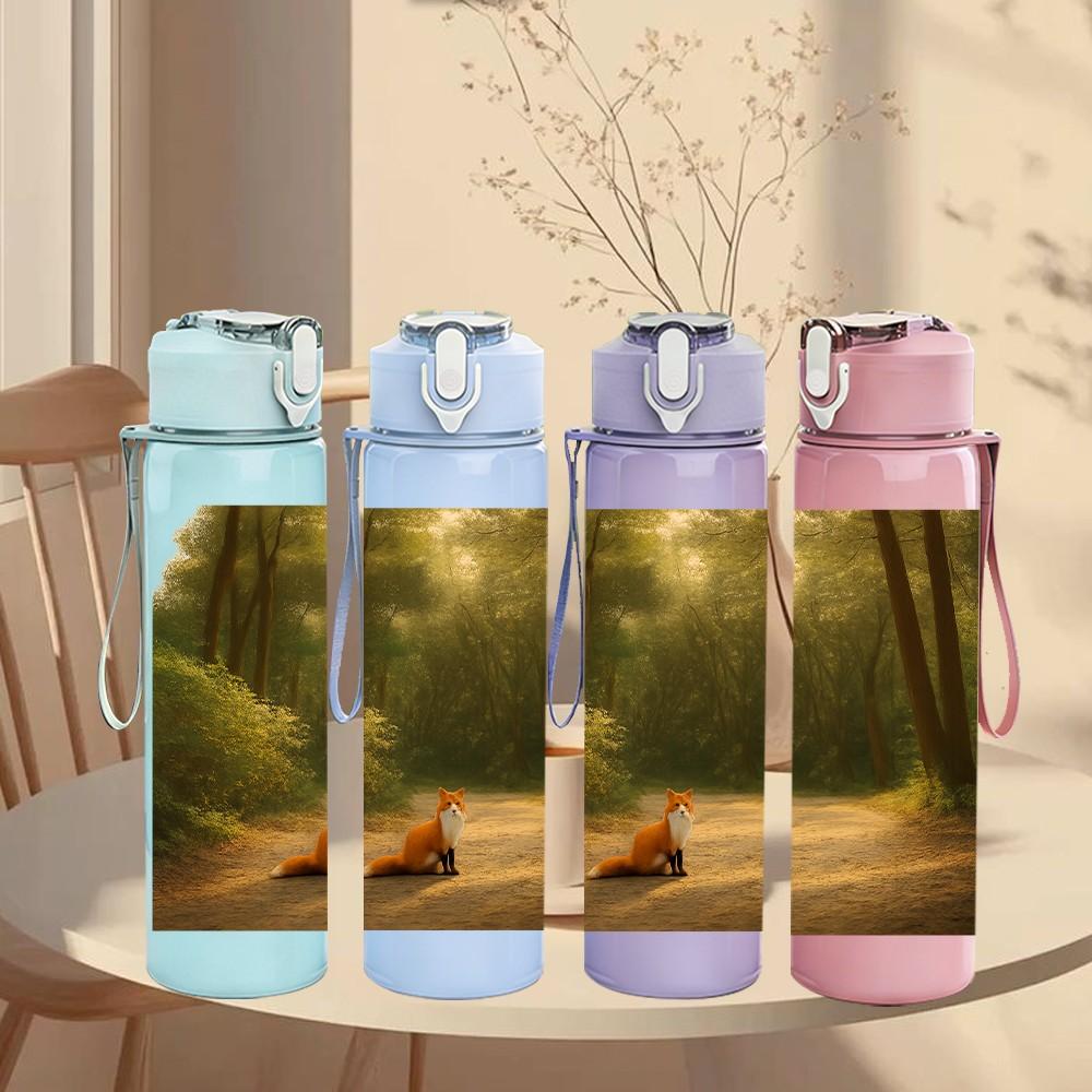 1PC Deer Walking Forest Scene Print 750ml Color Plastic Sports Water Bottle Leakproof Flip Straw Lid Suitable for Sports Office Home Use