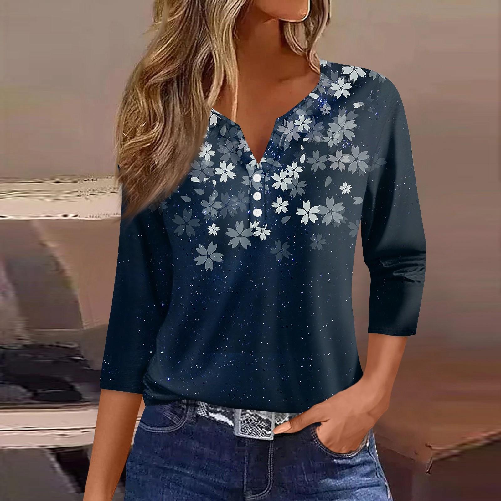 

Жен. Футболка Футболка С принтом Пуговицы Рукав 3/4 Повседневные Выходные Мода Классический Классический V-образный вырез Обычный Верх XXL темно-синий