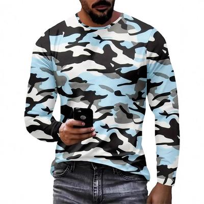 Camiseta de Cuello Redondo para Primavera Moda Masculina Casual Camiseta Minimalista de Manga Larga 3D