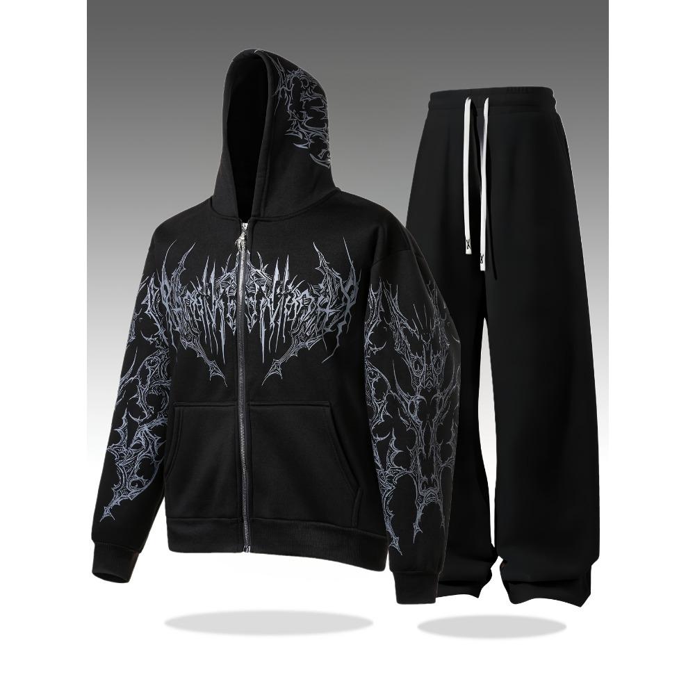 Men's Sports Suit, Warm Full Zip Hoodie and Pocket Sports Pants, Casual and Comfortable, Printed Pattern, Regular Fit
