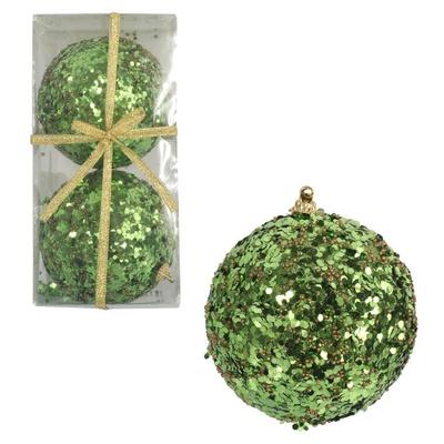Elegant Styrofoam Baubles with Green Glitter 10 Cm - Set of 2