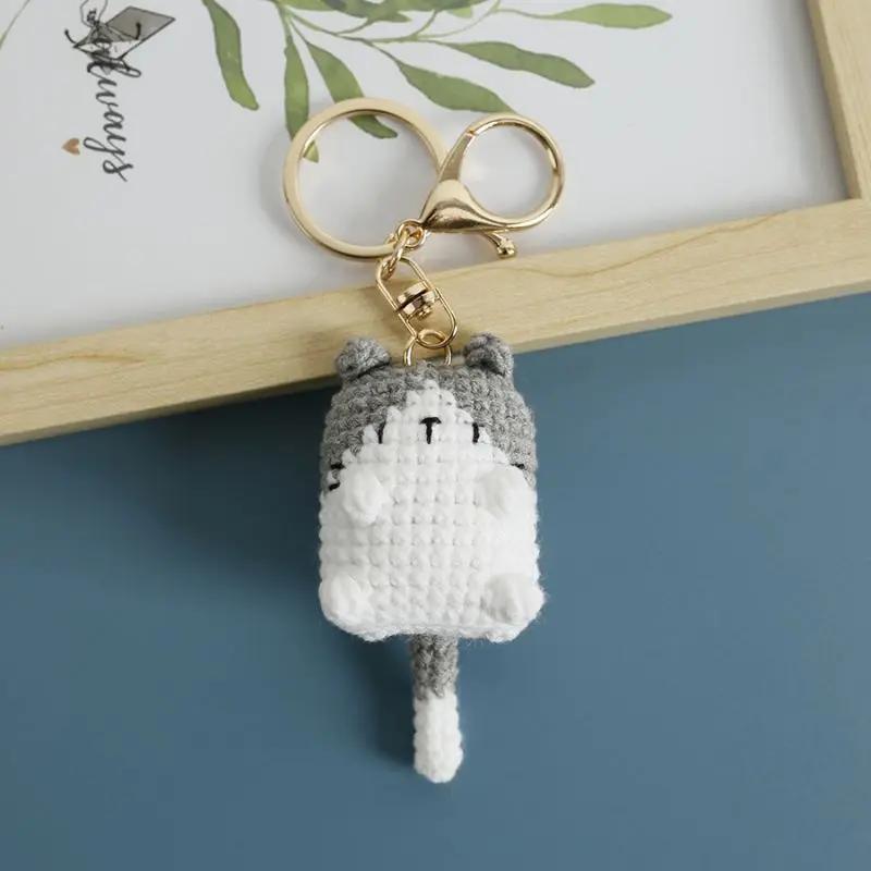 Cute Smiling Cat Doll Crochet Keychains Cartoon Kitten Keyrings For Bag Pendant Knitting Animal Doll Keychain Custom Accessories