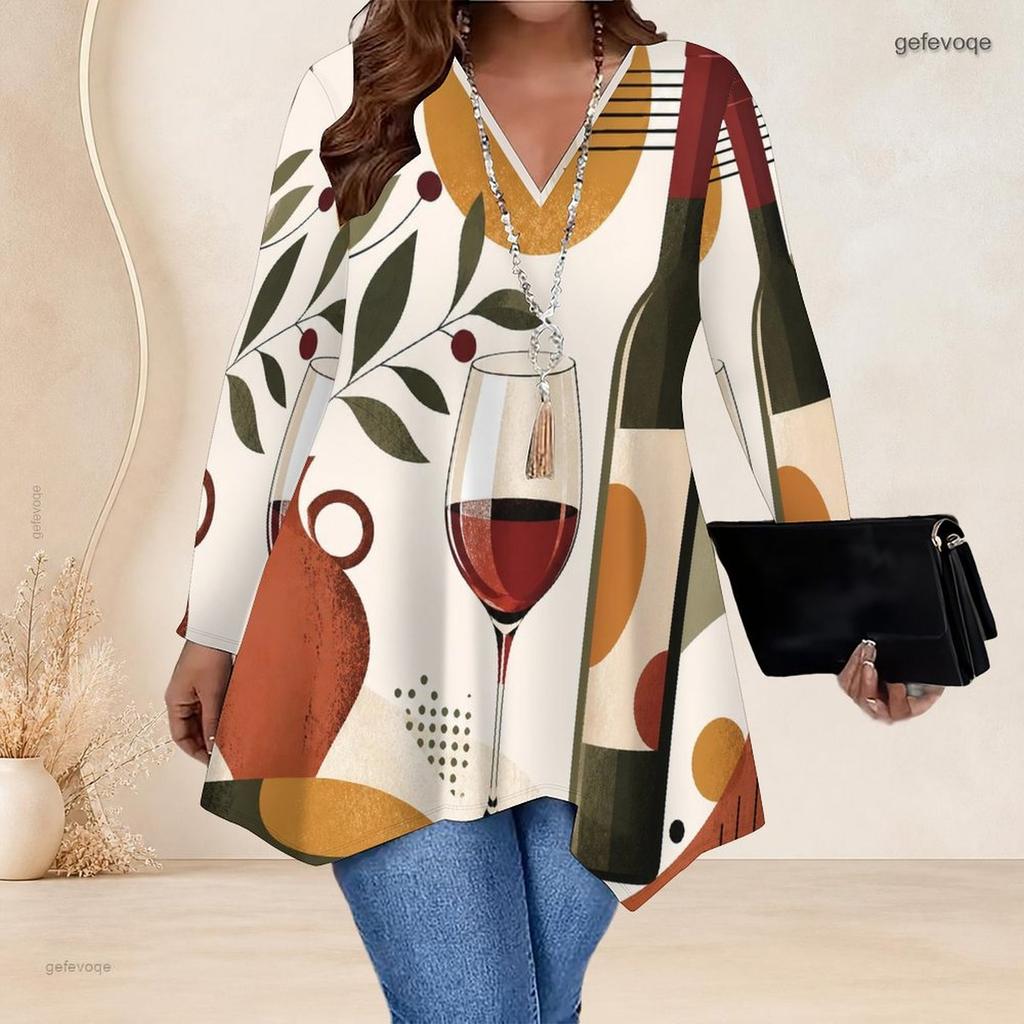 Women Plus Size V Neck Long Sleeve Printed Asymmetric Hem Flared Tunic Top
