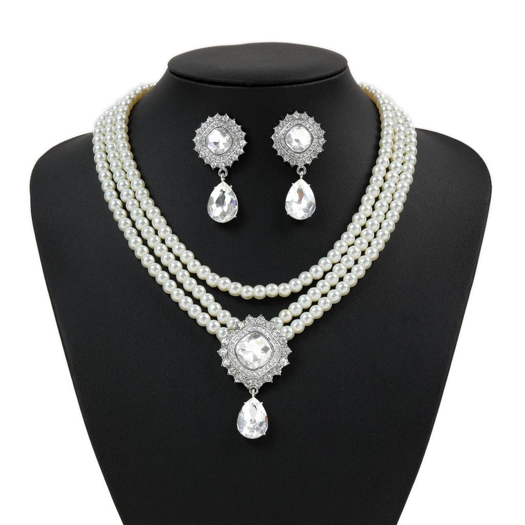 European-American French Style Beaded Choker Necklace with Imitation Pearl and Rhinestone Square Fashion Collar Jewelry Set