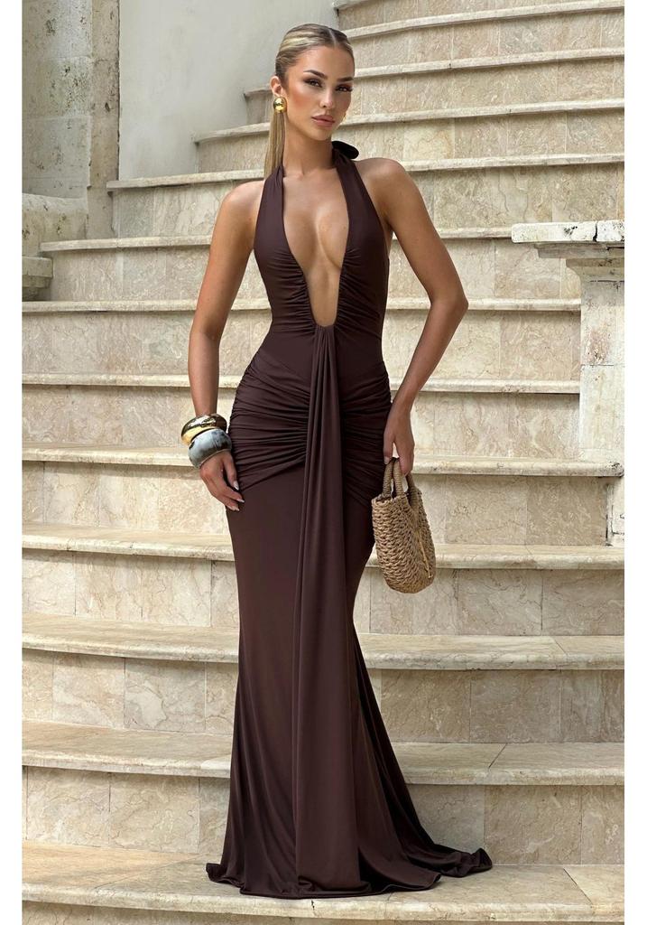 2025 European-American Style Sexy Backless Deep V Halter Evening Gown with Pleats