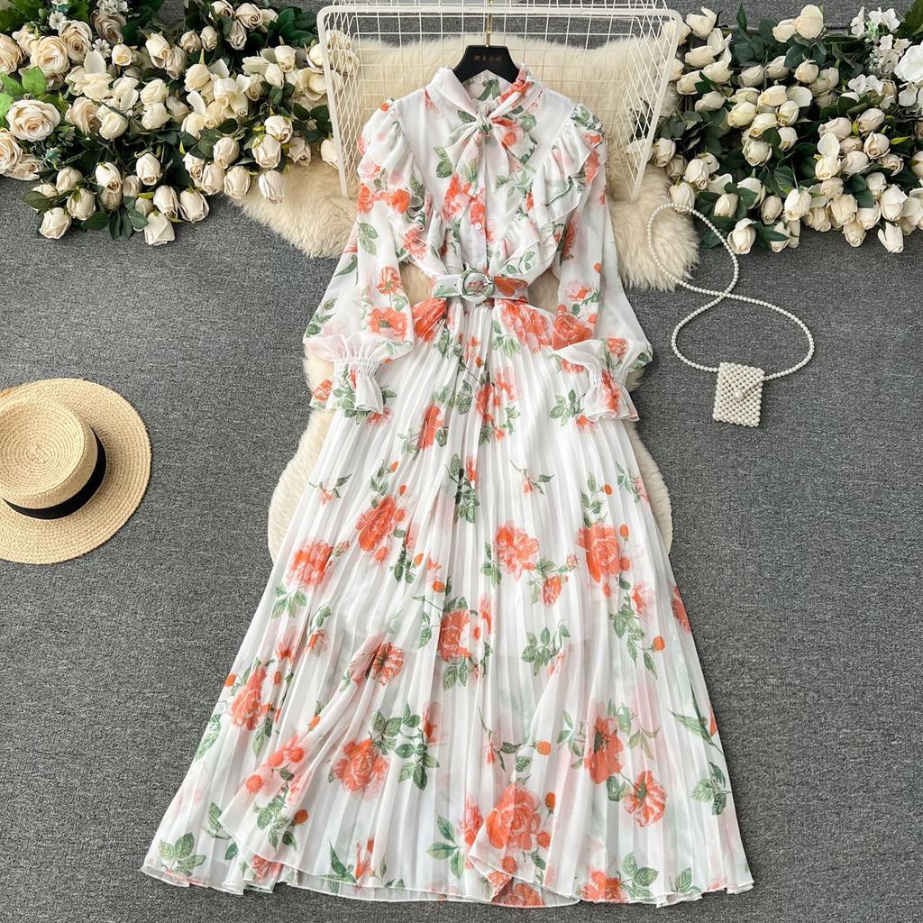 Women Fashion Vintage Elegant Stand Neck High Waist Slim A-line Print Ruffle Edge Chiffon Dress Spring Party Vacation Pleat robe