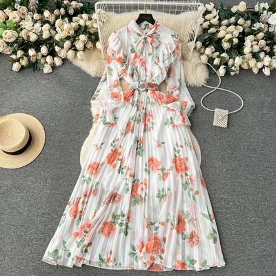 Spring Sweet Elegant Maxi Dresses for Women O-neck Long Puff Sleeve Floral Print Autumn Vacation Chiffon Ladies Dress