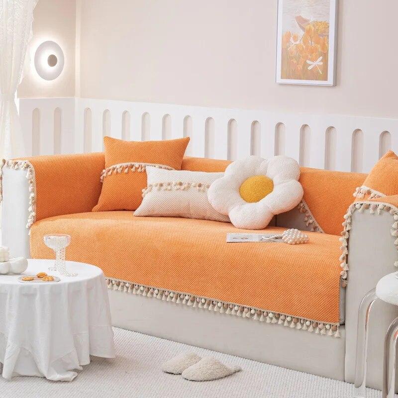 

Новая вельветовая плетеная диванная подушка Four Seasons, универсальный шар с кисточками, простой нескользящий чехол для дивана, однотонный чехол для дивана 70x70cm 1pcs