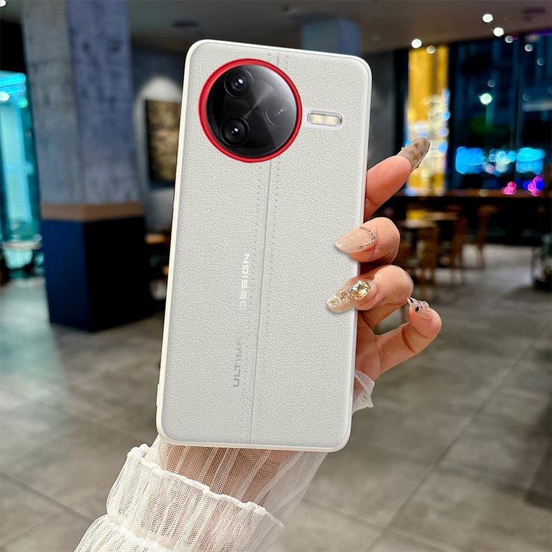 Plain Leather Middle Stitching Style Red Heightened Lens Ring Case For Poco F7 Ultra POCO F7 Pro Slim Protect Cover
