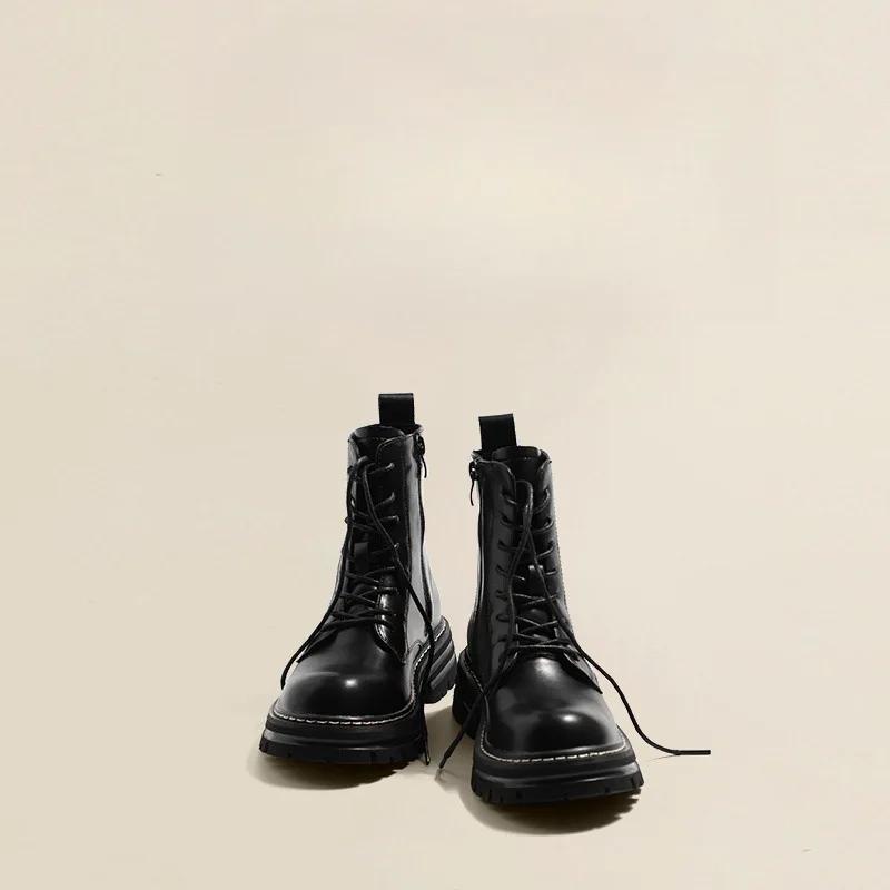 Fashion Genuine Leather Boots for Women Motorcycle Boots Women Thick Bottom Stitching Short Boot Classic Simple Style Women Ankle Boots