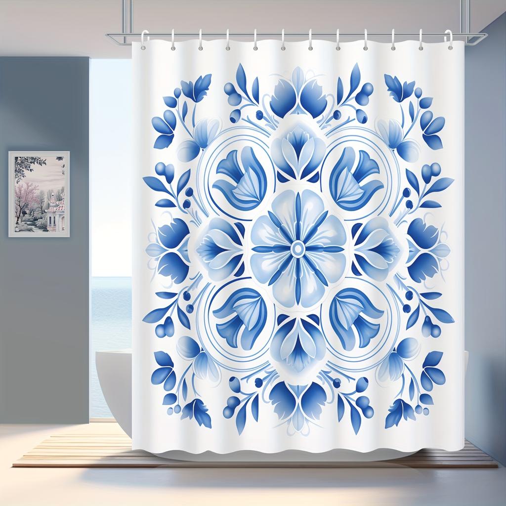Blue Floral Waterproof Shower Curtain, 100% Polyester, Machine Washable, Grommet Top, Hotel & Apartment